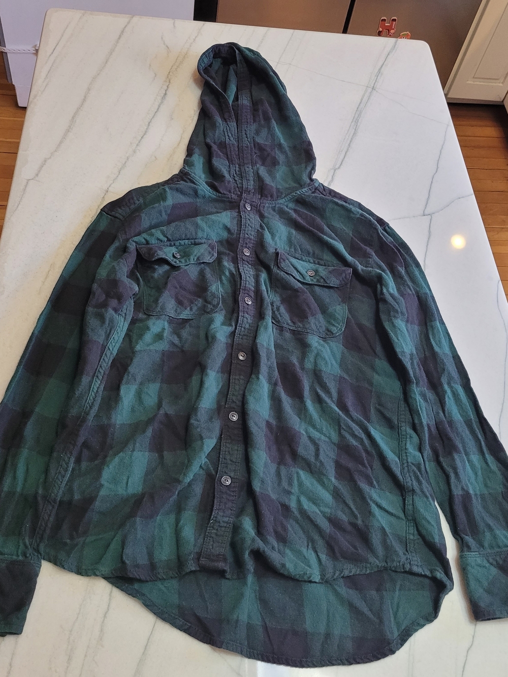 TNA Men's Black and Green Plaid Hooded Button-Down Shirt